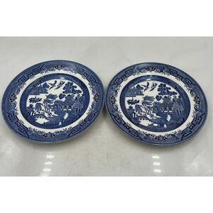 VTG Churchill Blue Willow Pattern Salad Plates England Chinoiserie 8" Set of 2